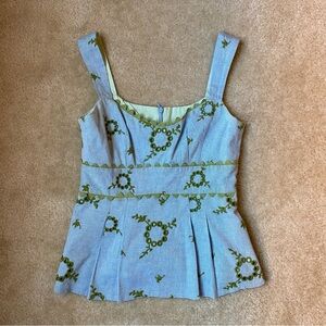 Nanette Lepore Vintage Coquette Blue and Green Embroidered Peplum Top Size XS/2